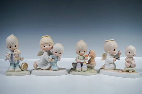 4pc Precious Moments Porcelain Figurines: Set of four bisque porcelain figurines from the Precious Moments collection by Enesco, designed by Samuel J. Butcher. Titles include: Blessed Are the Peacemakers (E-3107), Baby's First Step (E-2840),