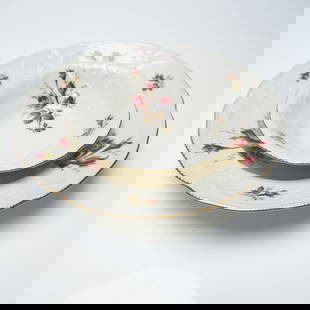 2pc Rosenthal Moss Rose Rim Soup and Cereal Bowls: Elegant 2-piece porcelain bowl set by Rosenthal in the beloved Moss Rose pattern, featuring a large rim soup bowl and a coupe-style cereal bowl. Each piece showcases detailed embossed borders and deli