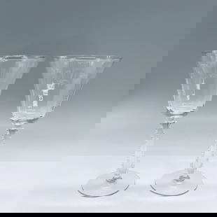 2pc Fostoria Water Goblets, Silver Flutes: Pair of clear stemmed glasses with a pillowed wave pattern on the inner bowl. Dimensions: 7.75"H x 3.75" dia Country of Origin: United States