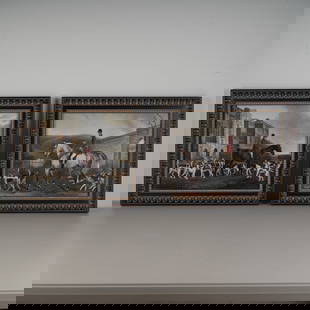 2pc Framed English Fox Hunting Scene Prints after Richard Barrett Davis: Pair of framed prints after Richard Barrett Davis, each portraying a classic English fox hunting scene. The first features a huntsman in a red riding coat atop a grey horse, surrounded by attentive ho