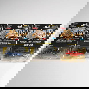 9pc Racing Champions Police USA and Hot Rod Street Wheels Toy Cars: Collection of nine Racing Champions die-cast model cars, all in original packaging. The lot includes five 1:61 scale Police U.S.A. series models: Issue No. 2 featuring a 1949 Mercury Florida Highway P