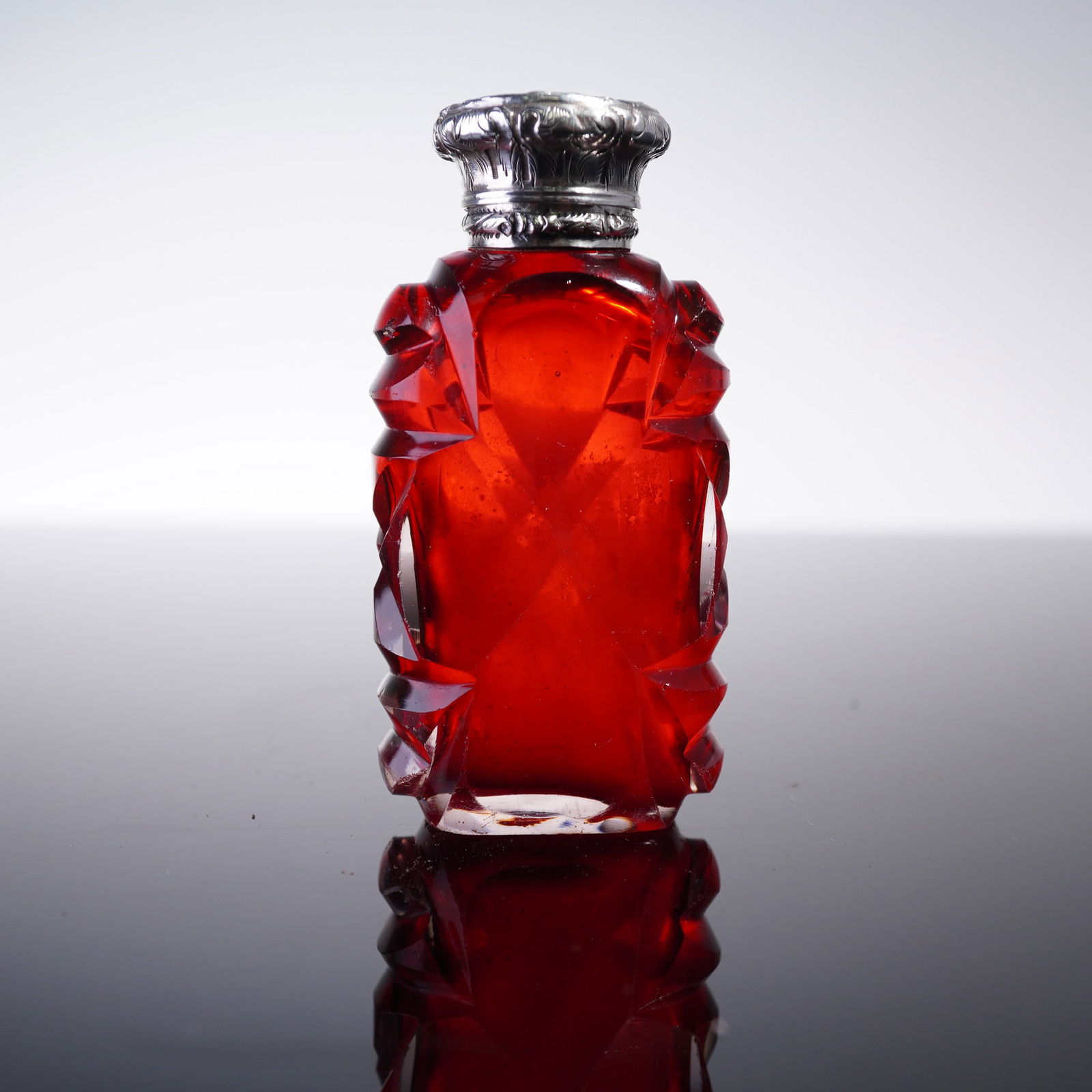 European Silverplate and Metal Mounted Ruby Glass Scent Bottle