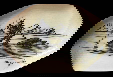 A signed Natural Material Eskimo button: 1 Large 20th century scrimshawed pictorial example. These scrimshawed buttons signed Naguruk have become quite popular over the years and no wonder as they were beautifully engraved and pigmented exam