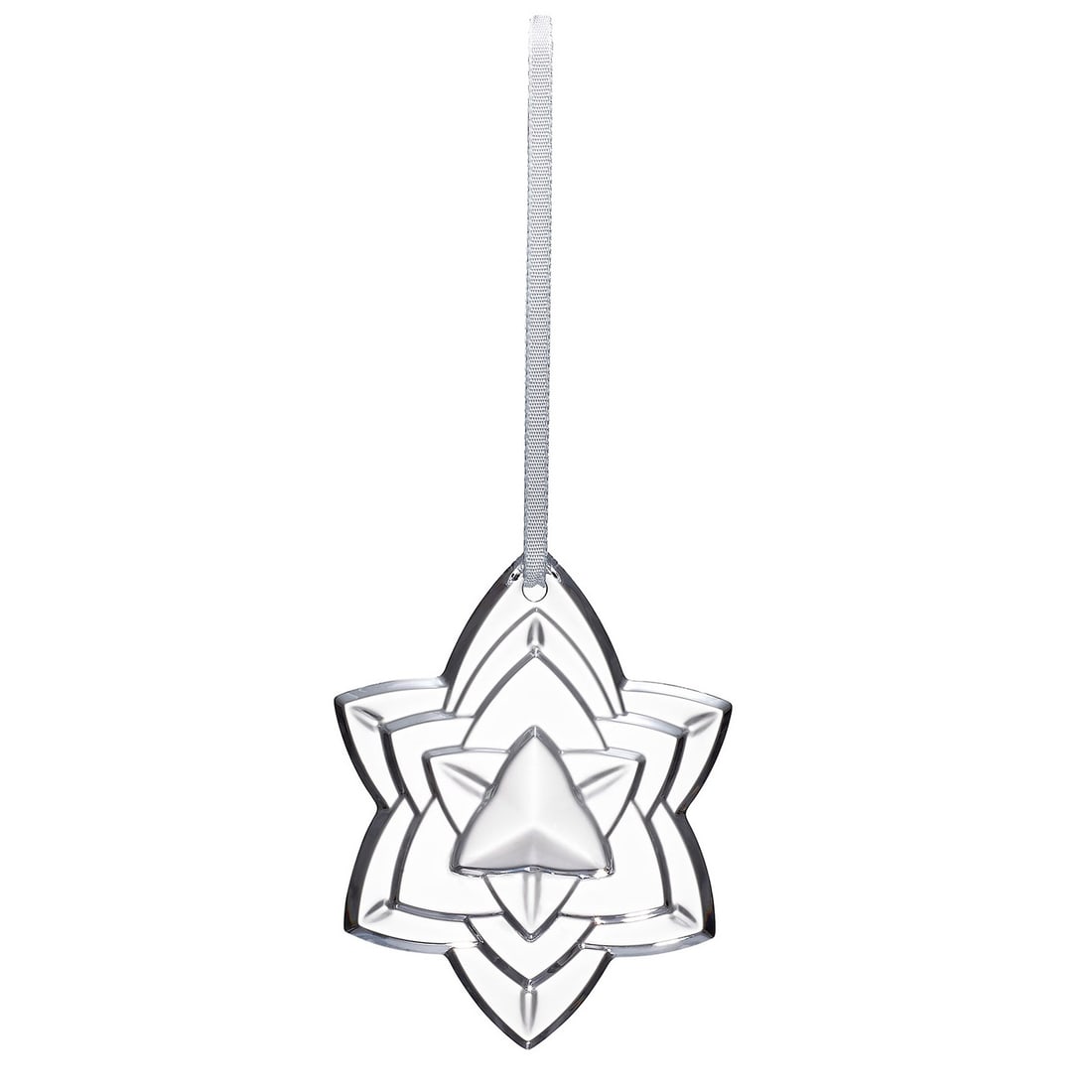 Baccarat Crystal 2018 Annual Ornament: This beautiful Baccarat ornament is a stunning representation of clear lead crystal, shaped into an elegant star with a central triangle. It is part of the 2018 Annual Christmas collection and comes i