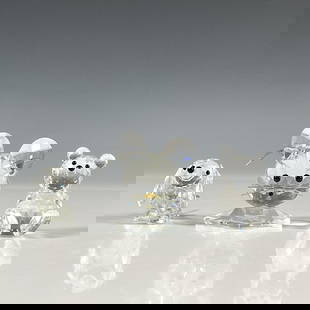 3pc Swarovski Crystal Figurines, Dog, Mouse and Bear: Lead crystal friends including a Dachshund with silver metal flexible tail, a sitting bear, and a mouse with a silver metal flexible tail. Swarovski etched backstamp. Tallest measures: 2.25"L x 2.25"W