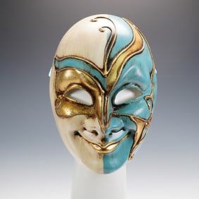 Venetian Style Ceramic Mask, Blue and Gold Harlequin
