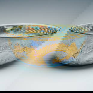 Wedgwood Fairyland Lustre Imperial Bowl, Celestial Dragon Z4829: The exterior is finished in a mixed-blue lustre glaze with variations of pale staining and blue mottling, adorned with a continuous procession of finely detailed gold "Celestial Dragons" chasing the "