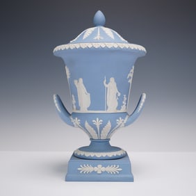 Wedgwood Blue Jasperware Covered Campana Vase