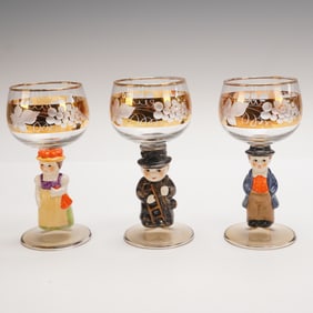 3pc Character Stem Goblets with Gold Floral Etching