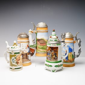 5pc Mixed Porcelain Beer Stein Collection including Norman Rockwell