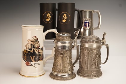 6pc Beer Steins and Mugs Set, Pewter and Ceramic