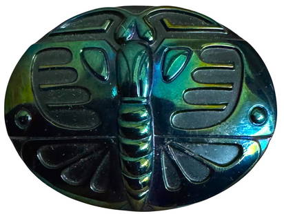 A black glass iridescent pictorial button: 1 Large early 20th century oval insect example. Here is a beautiful button of thick black glass with a colorful iridescent luster low relief detailed insect. The colorful hues of the luster bring out