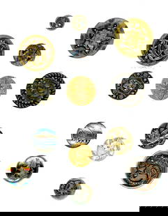 A card of dragons and fanciful pictorial buttons: 13 Small-Medium-Large 19th/20th centaury mostly metal examples. Here is a nice card of detailed examples including tole and cut steel, a natural material carved example and so much more. Nice selectio