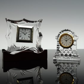 2pc Waterford Crystal Desk Clocks, Bamboo & Carriage
