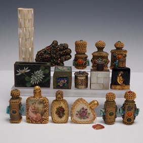 16pc Collection of Jeweled and Painted Snuff Bottles and Ring or Pill Boxes