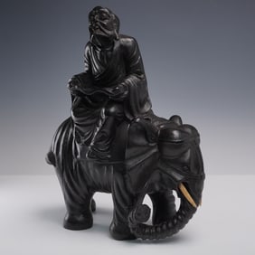 Antique Chinese Carved Agarwood Figure on Elephant with Tusk Detail