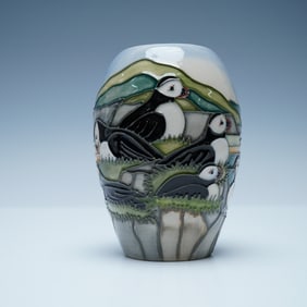 Moorcroft Pottery Puffins Vase, Signed