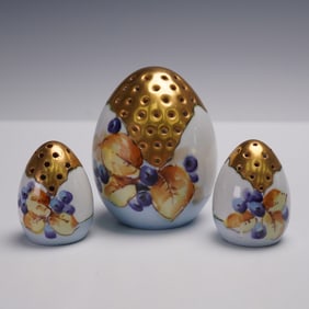 3pc Porcelain Hand Painted Egg-Shaped Salt & Pepper Shakers
