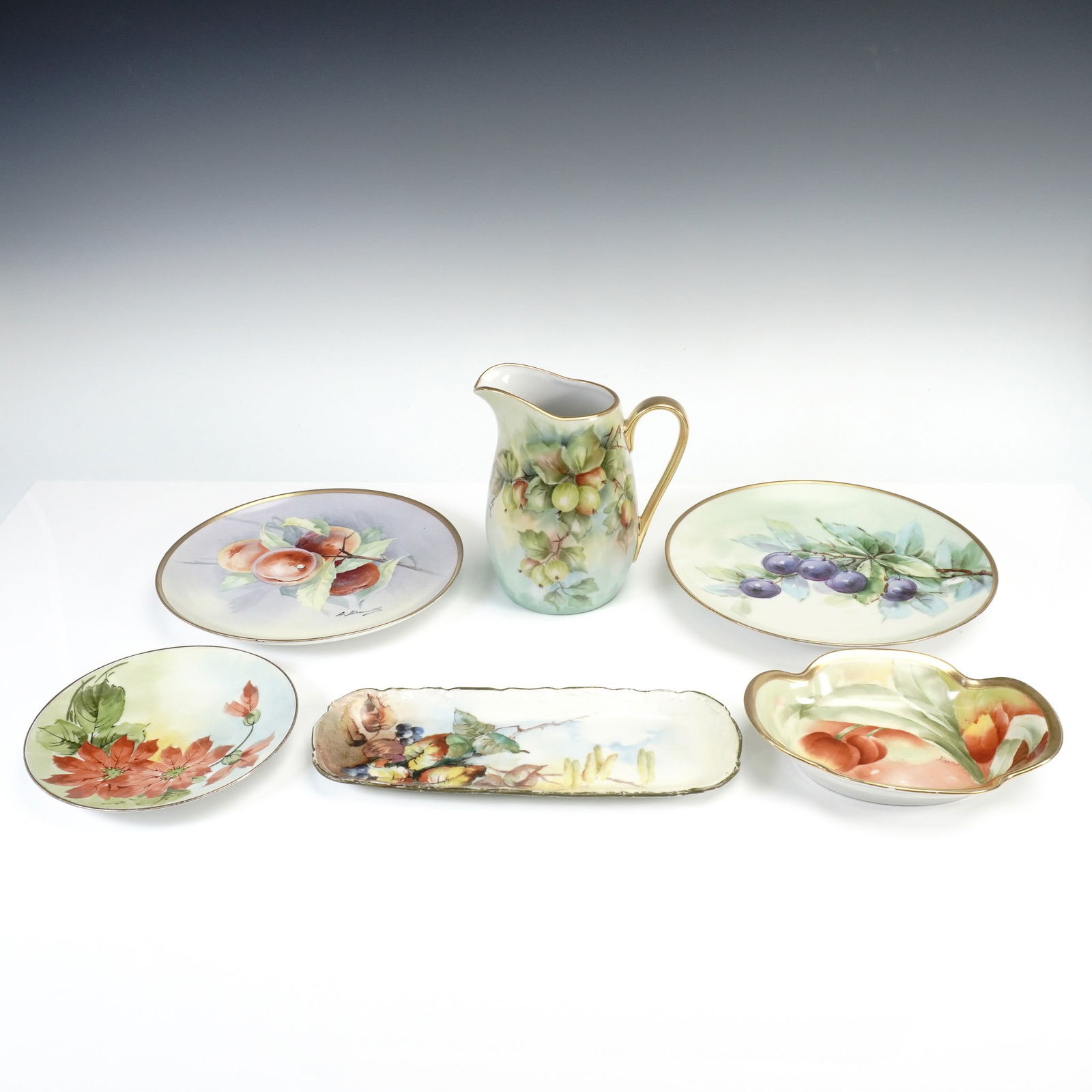 6pc Hand Painted Porcelain Plates + Pitcher with Fruit Motif & Gilt Accents (1 of 10)