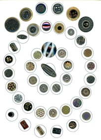 A card of black glass and black glass in metal buttons