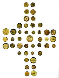A card of early 19th century golden age buttons: 43 Small/Medium gilt buttons including pictorial. These buttons from the early half of the 1800's are known to collectors as golden age buttons. This lot includes a variety of patterns, designs and so