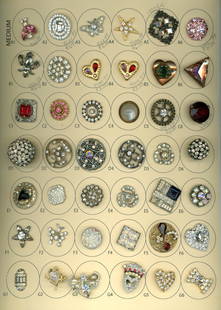 A full card of assorted jeweled buttons: 42 Medium size 19th-20th century assorted "Glitz" examples. This sparkling card includes a nice variety from the 19th and 20th centuries including some high quality setting examples, colored pastes, s