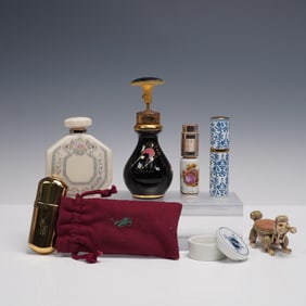 7pc Collection of Vintage Perfume Atomizers, Keepsake Box, and Figural Pin
