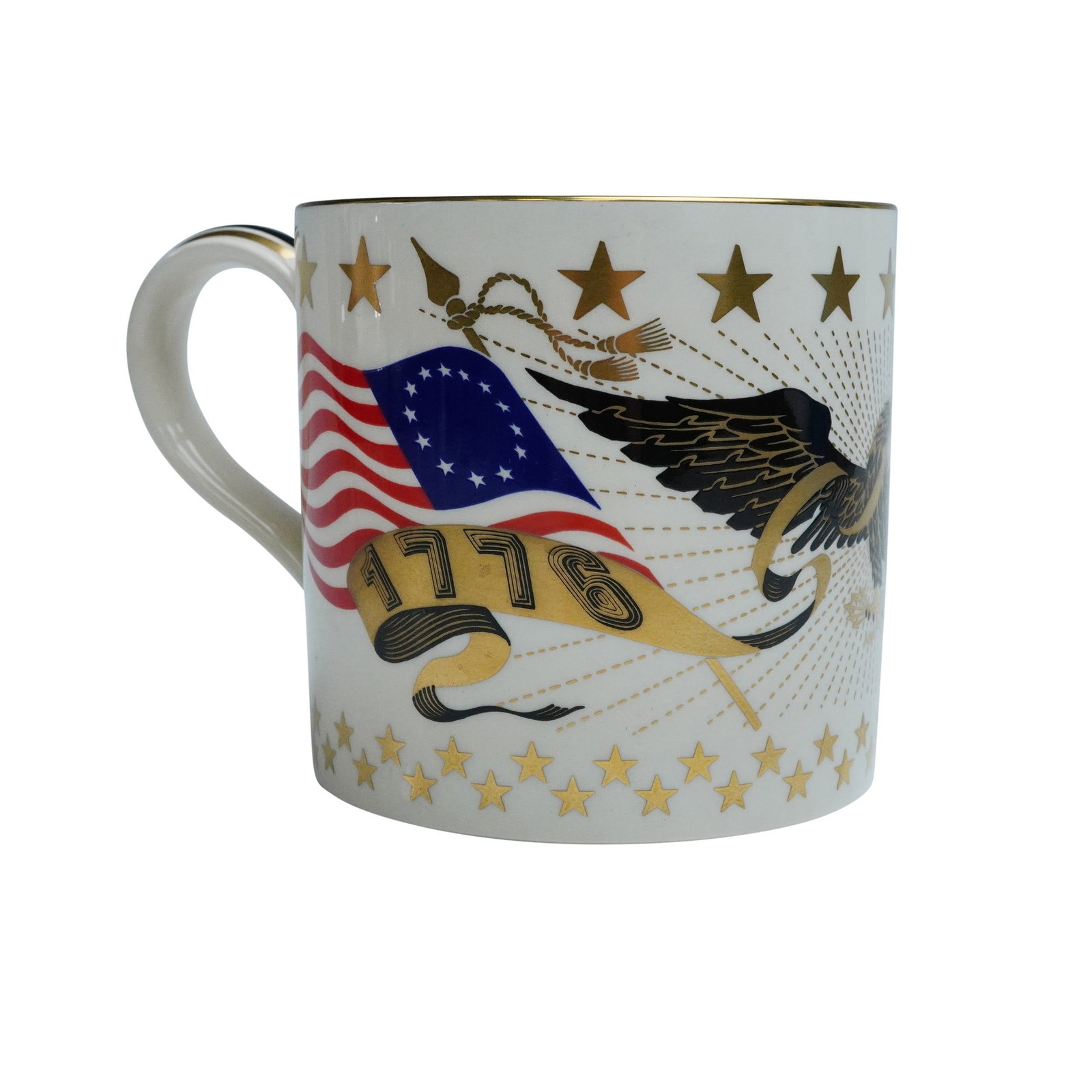 Wedgwood American Bicentennial Commemorative Mug: A fine Wedgwood Queen's Ware porcelain mug commemorating the American Bicentennial, designed by Richard Guyatt and issued in 1976. The cylindrical mug features a striking full-wrap design with gilt an