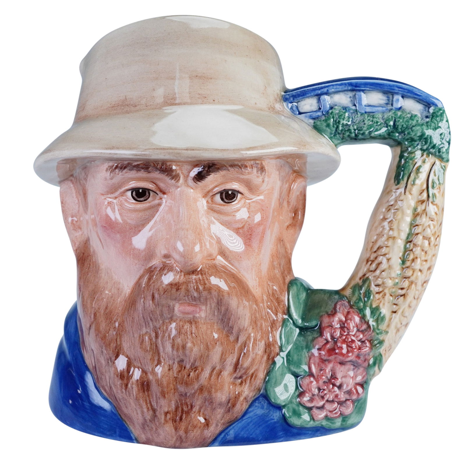 Royal Doulton Character Jug, Claude Monet D7150: Royal Doulton character jug featuring the French Impressionist painter Claude Monet (1840-1926). The jug features a finely hand-painted representation of Monet, Royal Doulton backstamp. Artist: David
