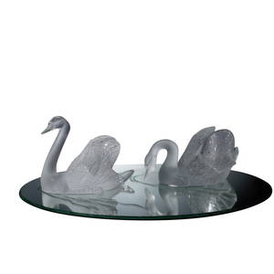 3pc Lalique Crystal Figurines, Swans + Mirror Base