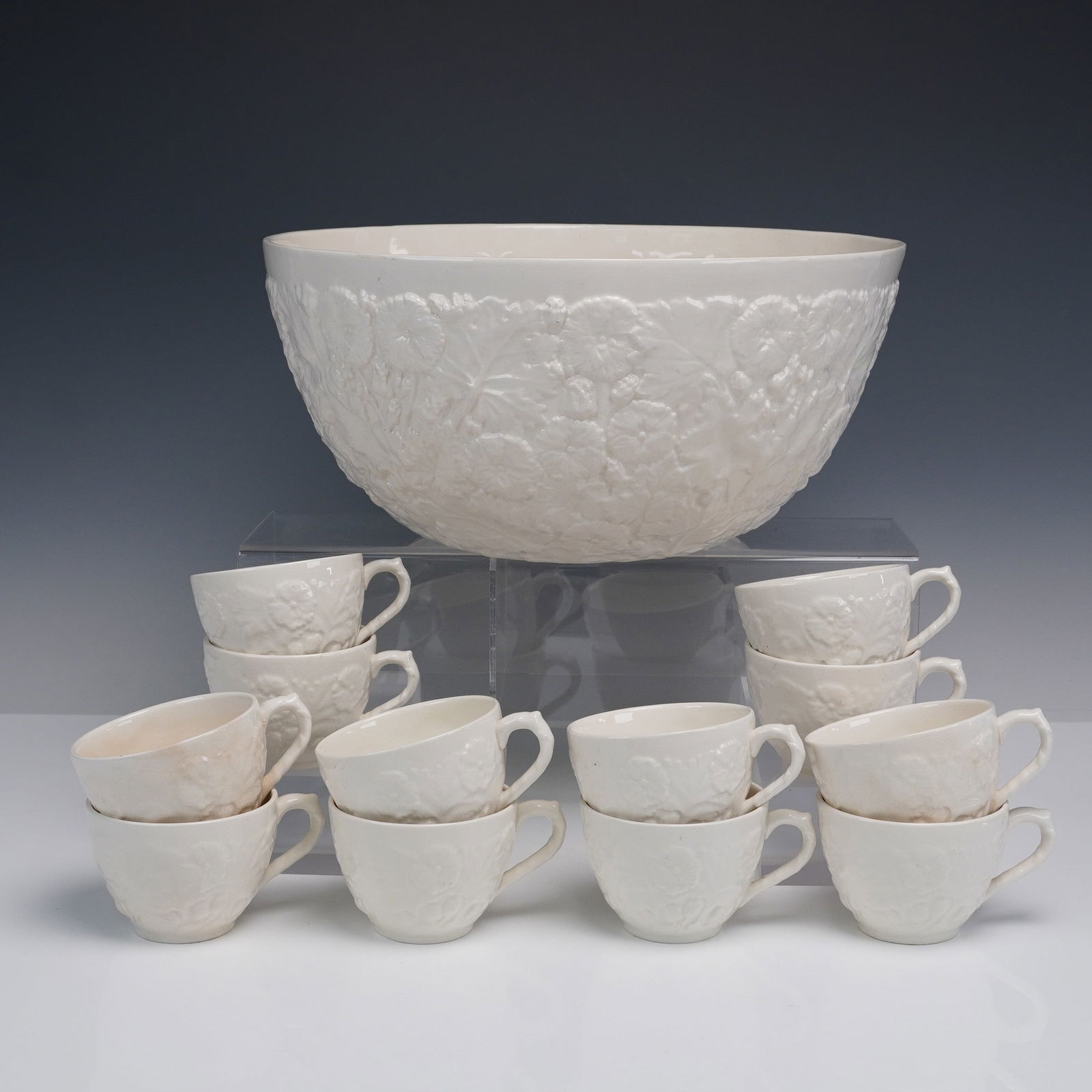 13pc Spode England White Embossed Punch Bowl and Cups Set (1 of 9)