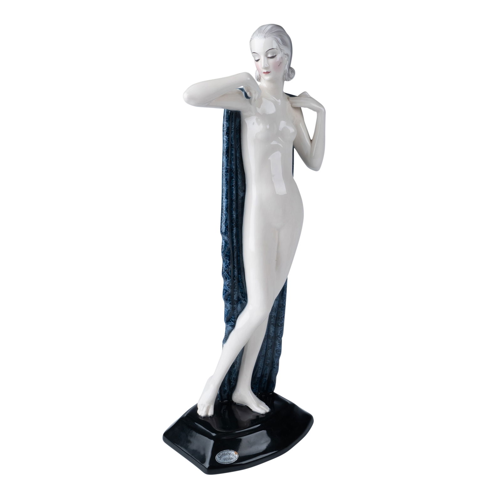 Goldscheider by Josef Lorenzl Art Deco Figurine, 6746: An exquisite Art Deco ceramic figurine by Josef Lorenzl for Goldscheider, capturing the elegance and sensuality of 1920s and 1930s design. This striking sculpture features a nude female figure with a