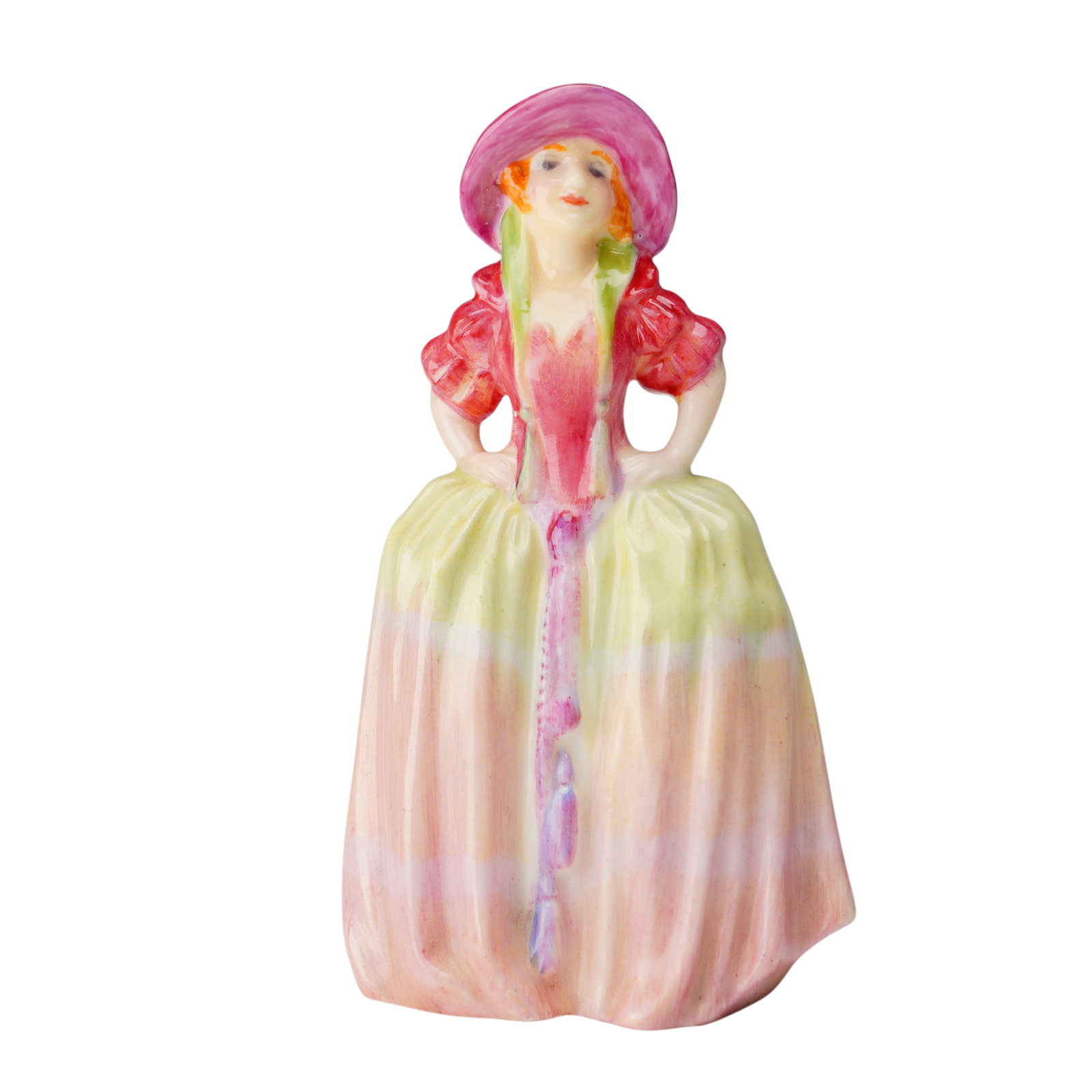Royal Doulton Mini Figurine, Patricia M7: Charming Royal Doulton mini figurine titled Patricia, model number M7, featuring a young lady in a vivid pink hat and bodice with puffed sleeves, hands on hips, and a full-length skirt in soft pastel 