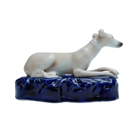 Staffordshire Pottery Inkwell Figure of a Greyhound on Cushion Base