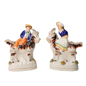 Pair of Staffordshire Pottery Victorian Goat Riders
