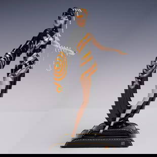 Franklin Mint House of Erte Porcelain Figurine, Pearls and Emeralds: A striking limited edition fine porcelain figurine by the Franklin Mint, titled Pearls and Emeralds, based on a design by Erte and produced exclusively for the House of Erte collection. This hand-pain