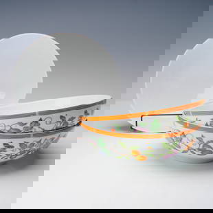 3pc Hermes La Siesta Porcelain Serving Bowls: Elegant set of three porcelain serving bowls by Hermes in the vibrant "La Siesta" pattern. Each bowl is decorated with colorful fruits, butterflies, and climbing vines on a white ground, finished with