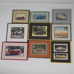 9 pc Framed Vintage and Classic Automobile Color Prints