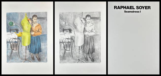 Raphael Soyer (1899-1997) Signed Seamstress Lithographs (2): 2 Lithographs, 1 printed in color and 1 printed in black and white titled Seamstress I Portfolio Each lithograph is Signed lower right Each lithograph is numbered 31/300 Sight size 21.5" x 29.5" each