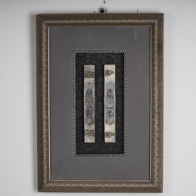 Framed Chinese Silver and Enamel Calligraphy Scroll Weights Dragon Motifs