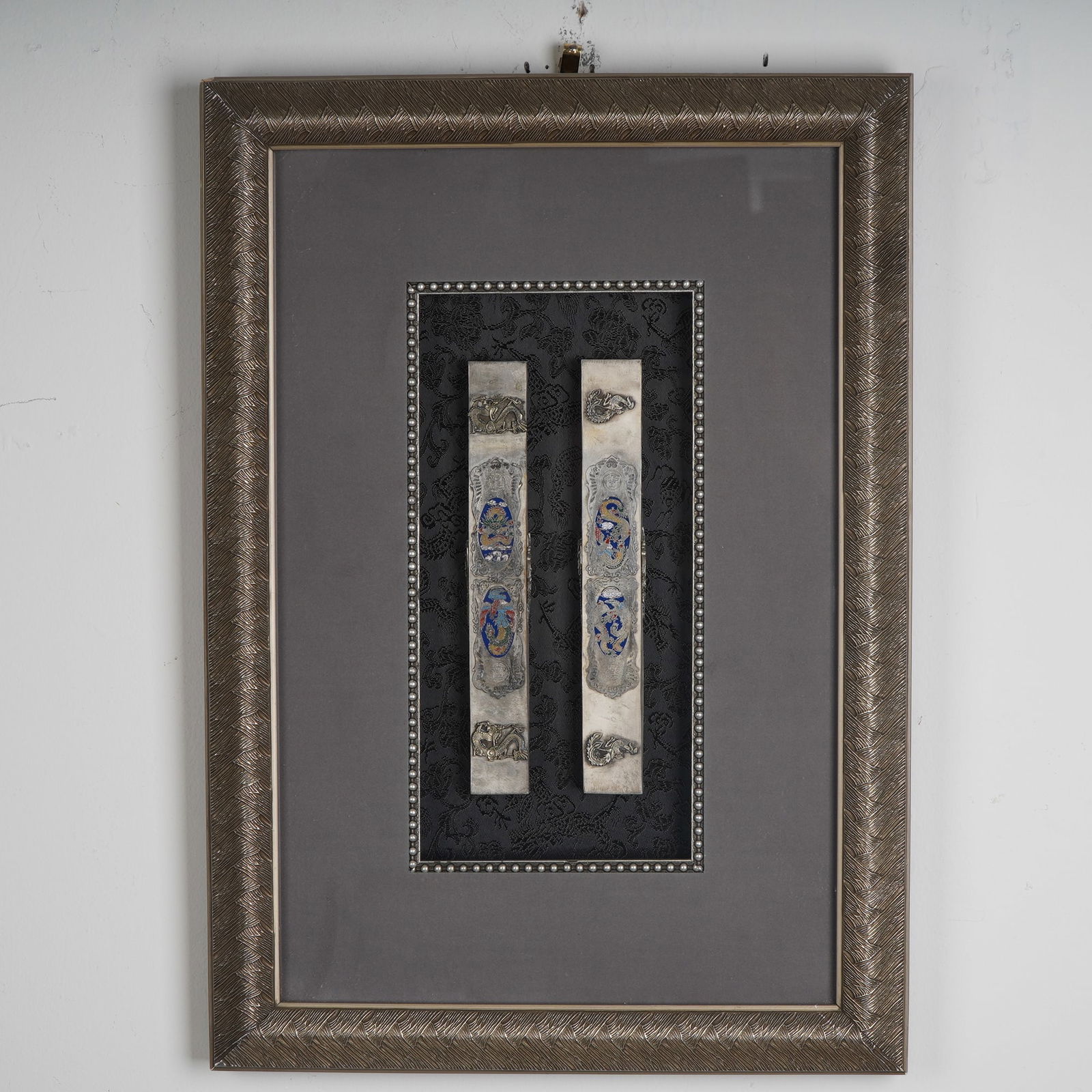 Framed Chinese Silver and Enamel Calligraphy Scroll Weights Dragon Motifs (1 of 5)