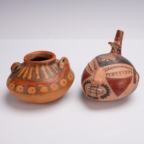 2pc Hand-Painted Pre-Columbian Style Polychrome Pottery Vessels