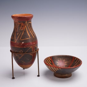 2pc Narino Bowl & Hand-Painted South American Pottery Vessel