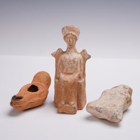 3pc Ancient Terracotta Artifacts Fertility & Votive Figurines w/ Oil Lamp