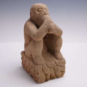 Central American Heavy Carved Stone Sukia Figure Shaman in Contemplation