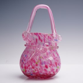 Hand-Blown Art Glass Vase in Pink Confetti with Applied Handle