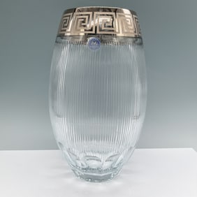 Crystallery Glass Vase, Greek Key Silver Design