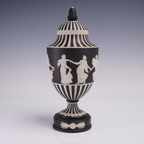 Wedgwood Black Jasperware Dip Covered Vase, Dancing Hours