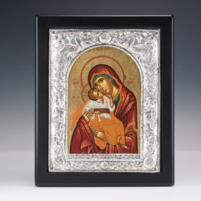 Madonna and Child Painted Icon, Repousse Silver 950 on Wood