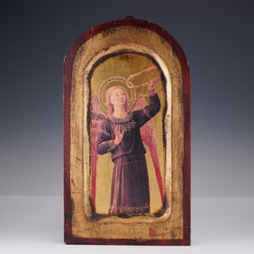 Small Gilt Wood Panel Depicting a Trombone Angel, After Fra Angelico